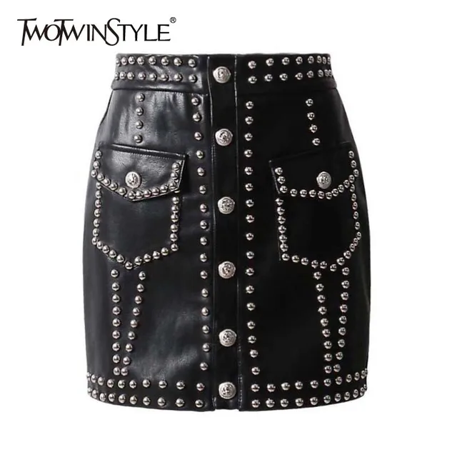 US $28.80 TWOTWINSTYLE Heavy Rivets PU Leather Skirts High Waist Single Breasted Mini Skirt For Women Punk St