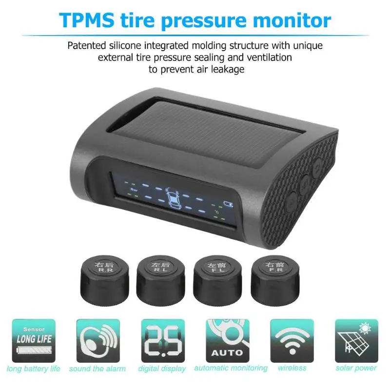 

LCD Display Solar TPMS Wireless Car Tire Pressure Monitoring System with 4 External/Internal Sensors