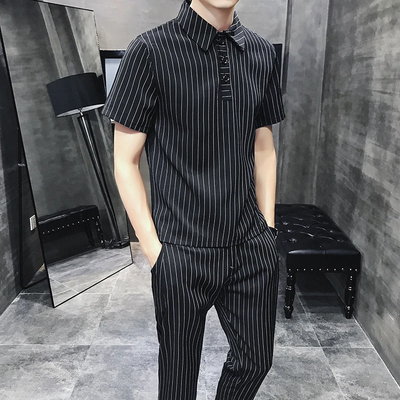 

2019 Summer Set Mens Striped Business Mens Clothing Mens 2 Pcs Set Social Club Black Erkek Giyim Slim Fit British Ropa De Hombre