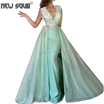 

Mint Glitter Dubai Evening Dresses V Neck Arabic Prom Dress 2019 Handmade Glitter Formal Pageant Gowns with Detachable Skirt