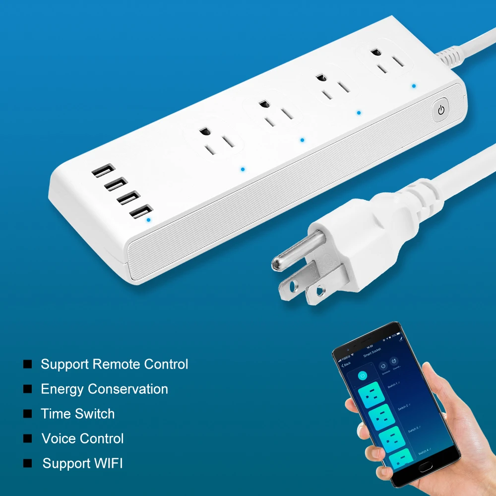 

Smart Electrical Socket Strip 4 AC Outlets 4 USB Smart Power Sockets Plug Board WiFi Wireless Phone APP Remote Control for Alexa