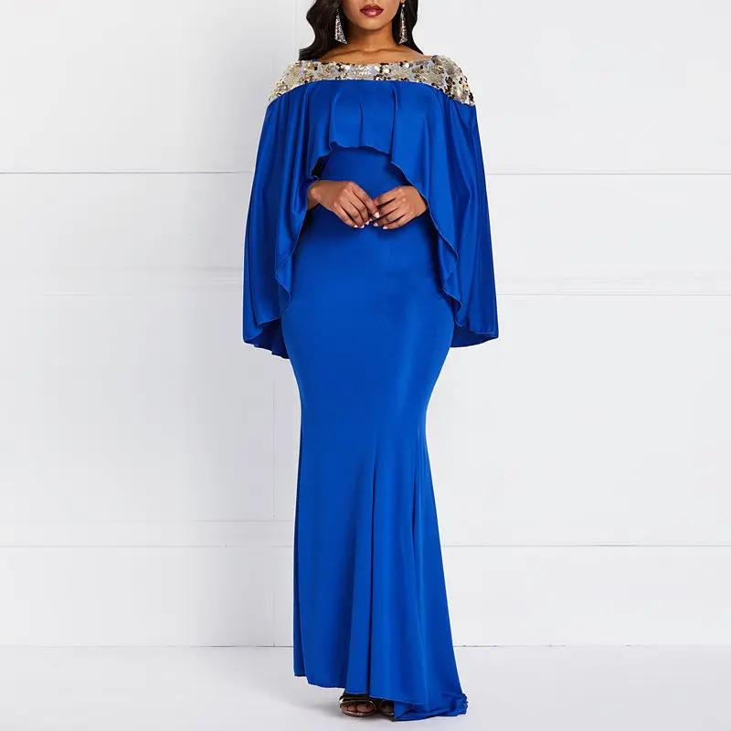 

Mermaid Bodycon Dress Elegant Evening Women Vintage Cloak Sleeve Party Spring Stylish Robe Print Ruffles Blue Sexy Maxi Dresses
