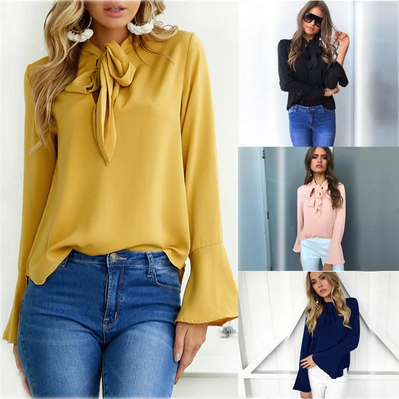 

Hot 2019 Explosion Models Autumn Bell-Sleeve Bandage Cloth Long-Sleeve Chiffon Shirt Top Shirt Shirt Female