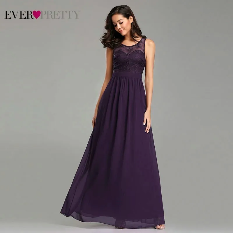 

Dark Purple Bridesmaid Dresses Long Ever Pretty O-Neck Lace Appliques Sleeveless Formal Dresses 2019 Elegant Wedding Guest Gowns