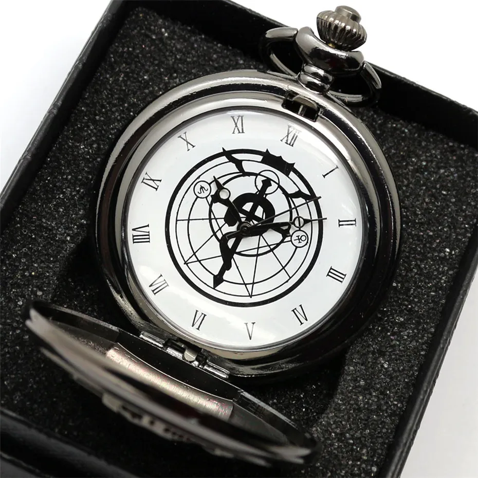 Черный Стальной алхимик карманные часы кварцевые Ожерелье из кожаной цепи коробка сумка Relogio De Bolso комплекты с часами подарки для мужчин и женщин