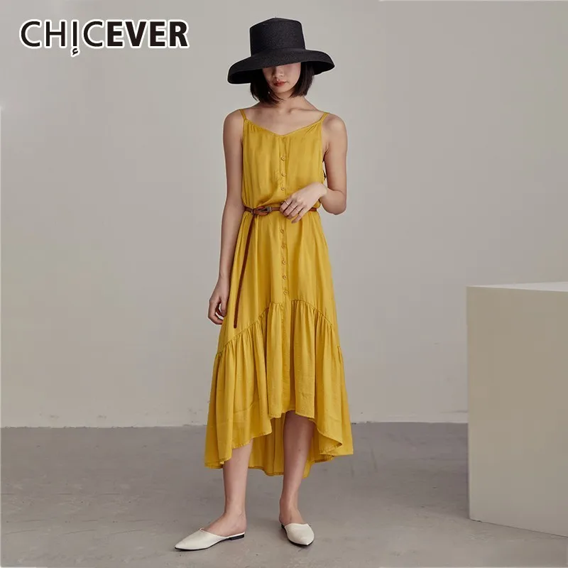 

CHICEVER Casual Solid Yellow Women Dress V Neck Sleeveless Spaghetti Strap Button Ruffles Hem Mid Calf A-line Dresses 2019 New