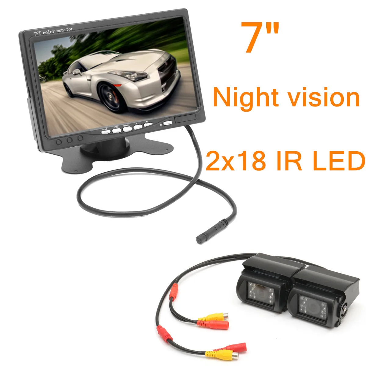 

7 inch TFT LCD Display Monitor + 2x IR 18LED Reverse Backup Camera Rear View Kit For Truck Bus RV