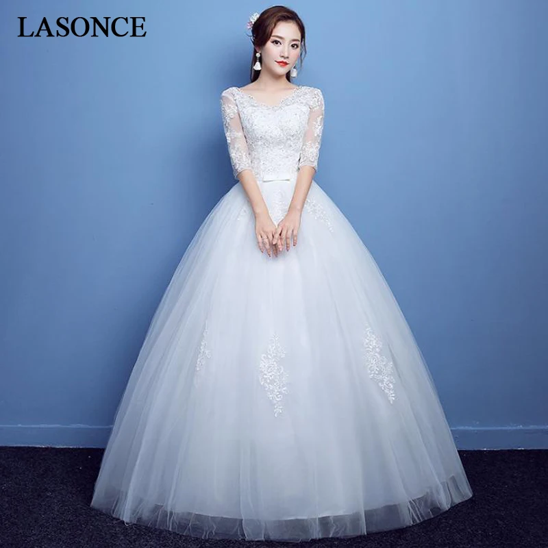 

LASONCE Sequined V Neck Bow Sash Ball Gown Wedding Dresses Lace Appliques Illusion Half Sleeve Backless Bridal Gowns