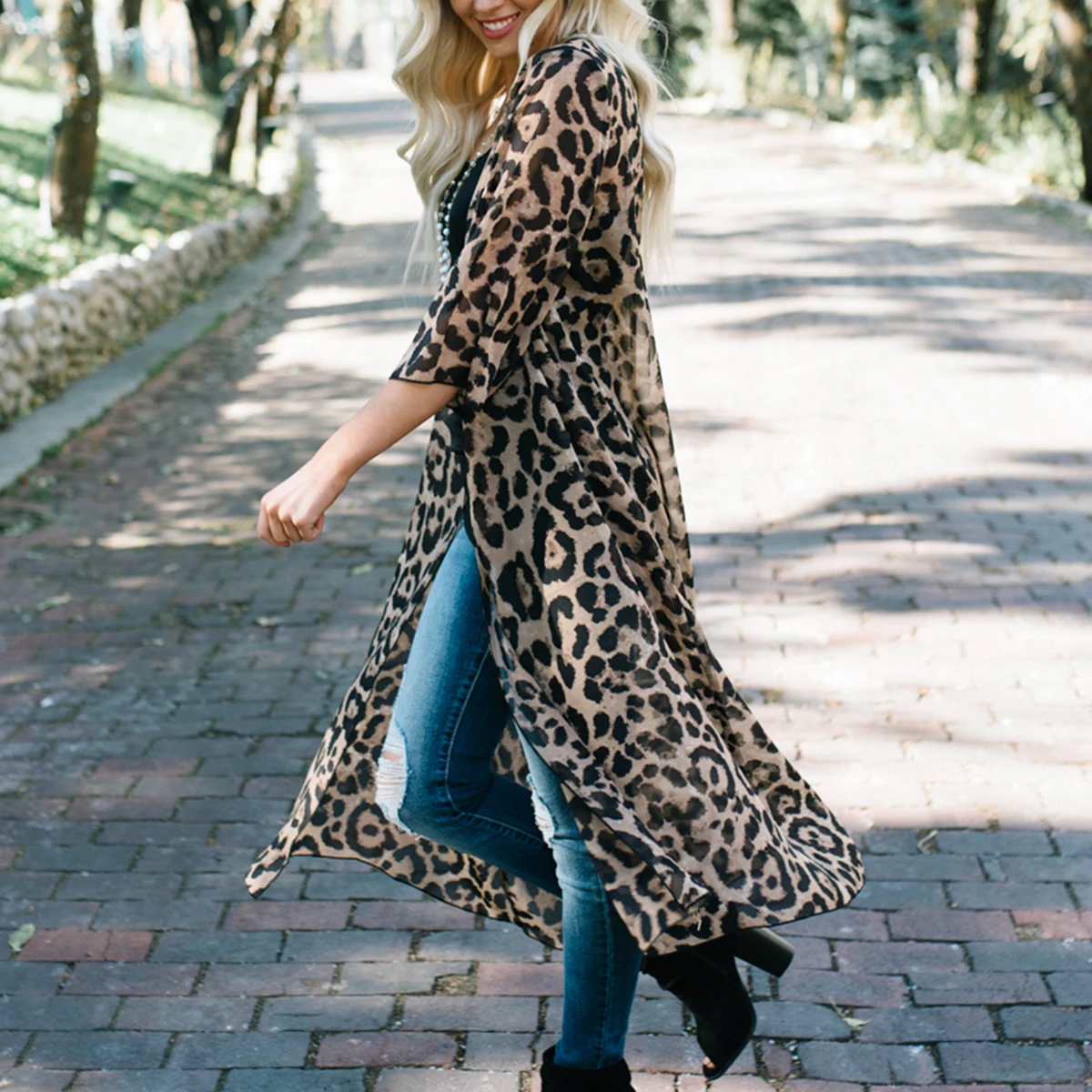 

Women Leopard Print 3/4 Sleeve Cardigan Loose Open Front Chiffon Top Cover Up Cardigan Swimwear Women Bikini Cover-Ups