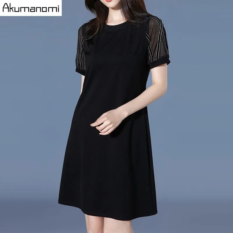 

Women Summer Dress 2019 O-neck Mesh Short Sleeve Female Dress Tunic O Neck Straight Elegant Party Dresses Black Plus Size 5xl-l