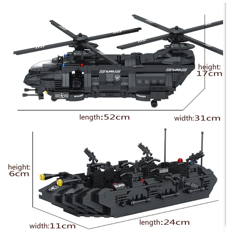  1351pcs Military Swat Team Special Police Force Transport Helicopter Building Blocks Compatible Leg