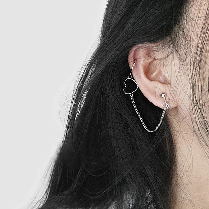 

FASHION Hip Hop Circle Long Chain Drop Earrings No hole in the ear clip Heart Punk Dissymmetry Silvery Earrings