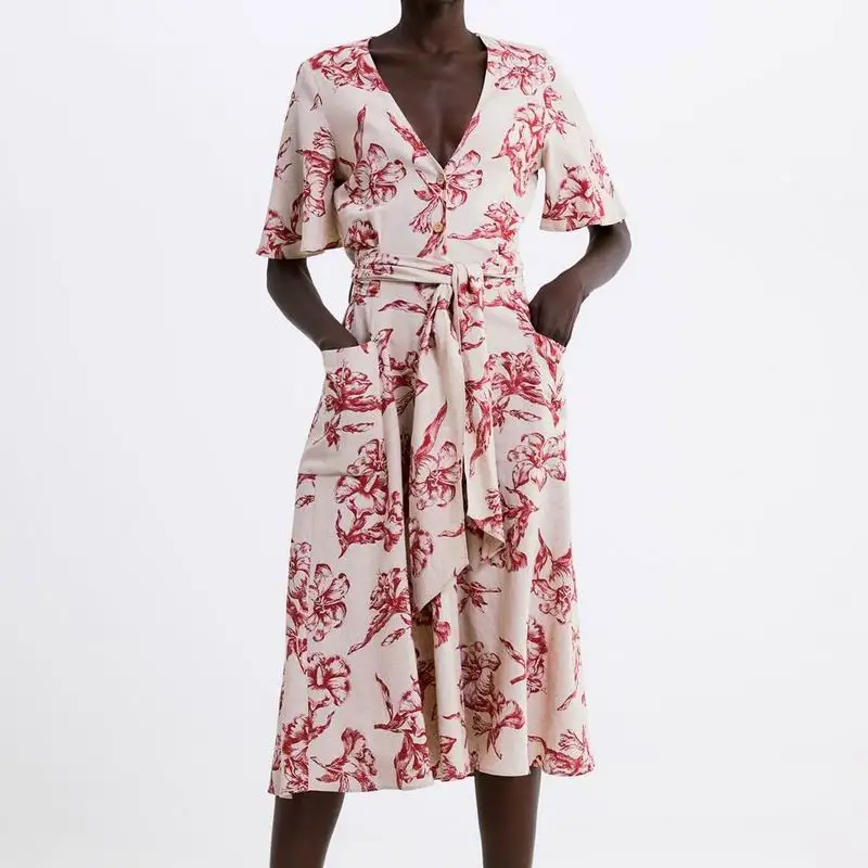 

Women Summer Dresses 2019 New Fashion Floral Prints Sashes Mid-Calf Dress Female Casual V-neck Clothing Vestidos