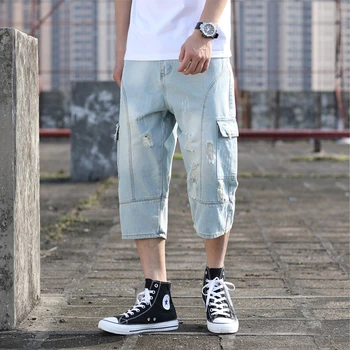 

Summer New Jeans Men Fashion Washed Solid Color Casual Torn Hole Denim Cropped Pants Man Streetwear Hip Hop Loose Male Clothes