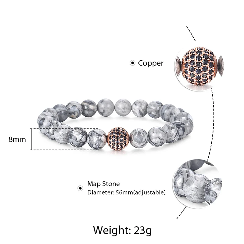 8 мм мужской браслет из натурального камня с картой из бисера розового золота Цвет Черный Cz бисер эластичный мужской браслет Прямая поставка мужские ювелирные изделия подарок