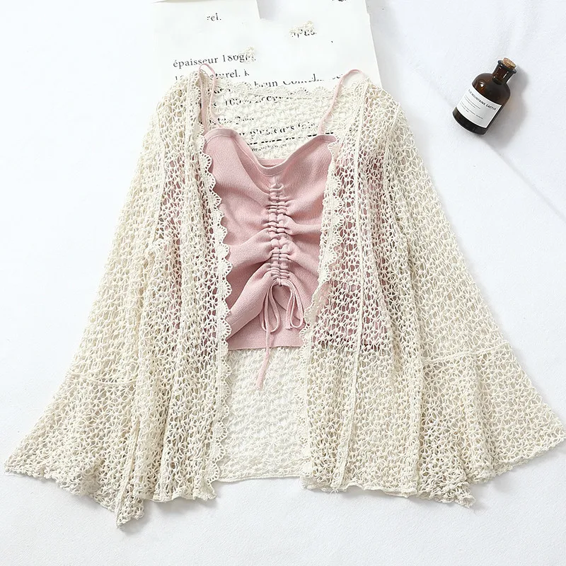 

Ladies White Blouse Summer Cardigan Lace Crochet Sexy Female Sunscreen Blouses Women Hollow Out Tops Blusas