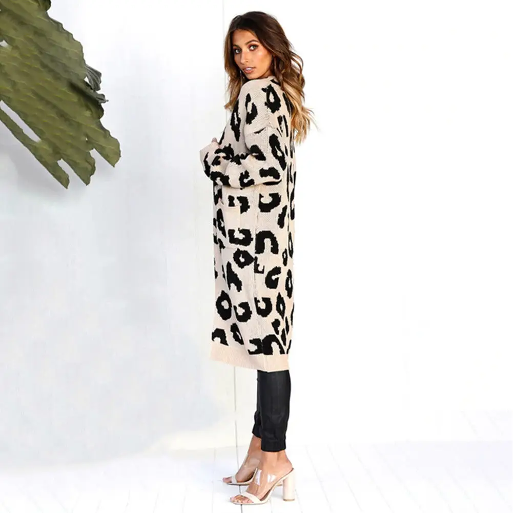 

Fashion Woman Long Sleeve Leopard Print Knitted Long Sweater Ladies Pocket Cardigan Coat Tops Sweaters Autumn
