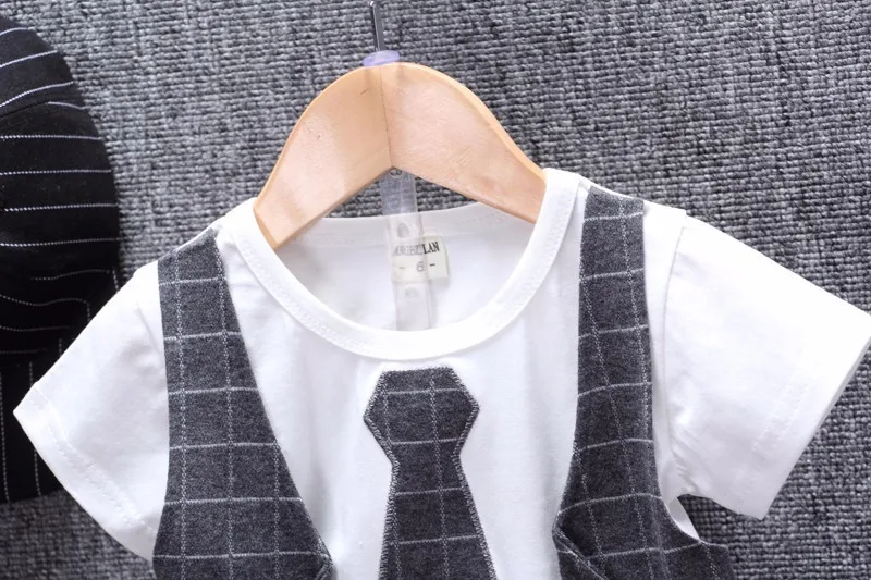 Children Tracksuits Baby Boys Girls Short T-shirt Shorts 2Pcs/sets Summer Kids gentleman Tie Plaid Bowknot Pure Cotton Clothes