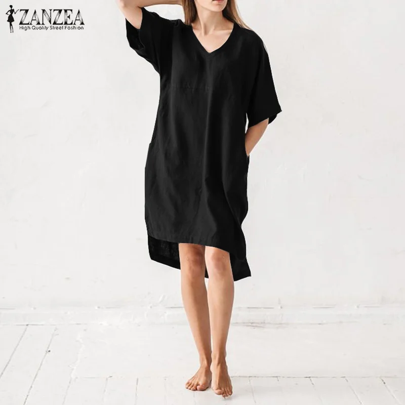 

Vintage Casual Mini Dress ZANZEA 2019 Women Sundress Female V Neck Short Sleeve Linen Vestidos Femme Asymmetrical Solid Robe 5XL