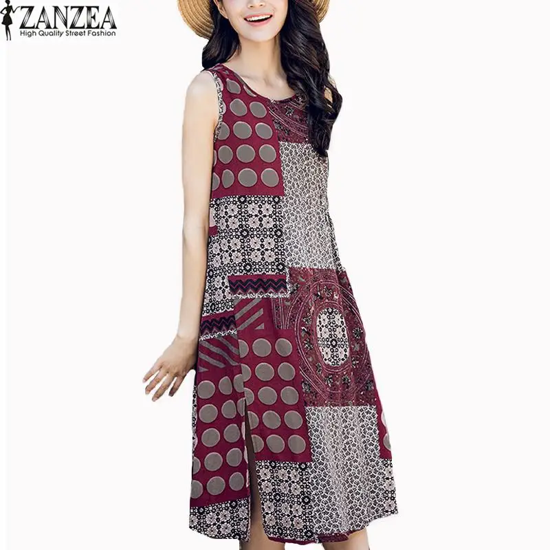 

ZANZEA Women Dress Floral Printed Sleeveless Vestidos Casual Split Vest Dresses 2019 Summer Beach Party Sundress Plus Size