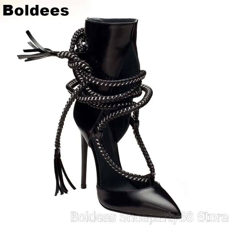 

Sexy Black Sheep Skin Leather Corssed Chains High Heel Pointy Toe Stiletto Dress Shoes Women High Heel Pumps OL Lady Sexy Heels