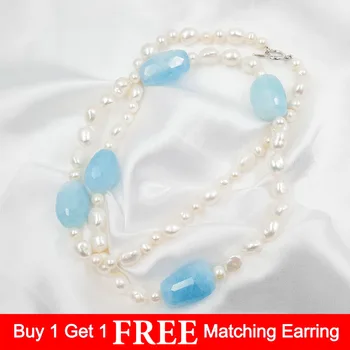 

Lii Ji Real Freshwater Pearl Baroque beads Natural Aquamarine Irregular Big Beads Long 925 sterling silver jewelry Necklace 78cm