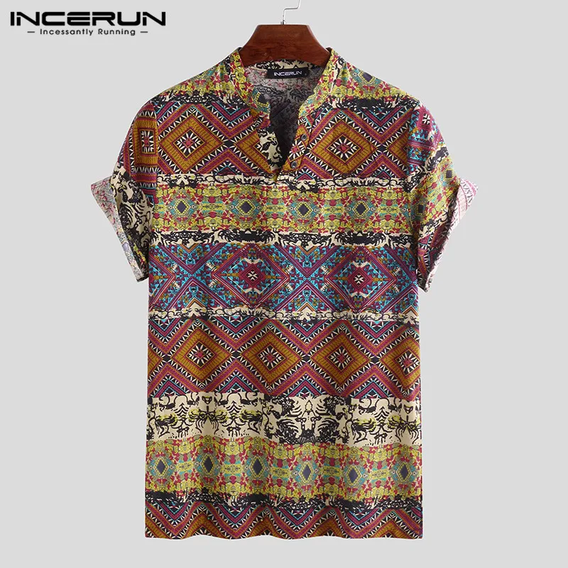 INCERUN 2019 العرقية طباعة الرجال تي شيرت الخامس الرقبة قصيرة الأكمام اللياقة البدنية العلامة التجارية المحملة قميص القطن عارضة الرجال هاواي تي ش...