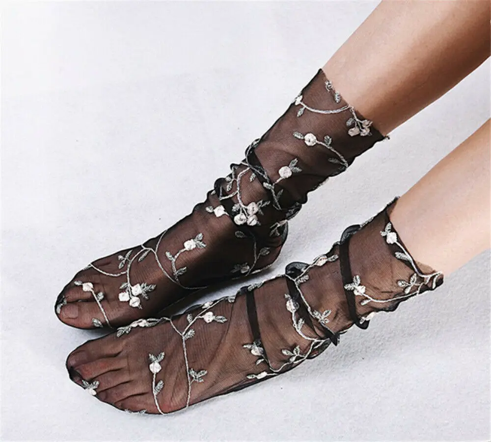 Сексуальные женские шифоновые носки, кружевные женские прозрачные шелковые тонкие носки с цветочной вышивкой, модные женские прозрачные носки