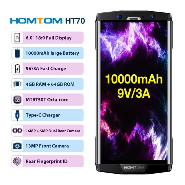 Best Offers HOMTOM HT70  Mobile Phone 4GB 64GB 6''18:9 HD+ Display Octa-core 13MP Front 16MP+5MP Dual Rear Cameras Fingerprint Smartphone
