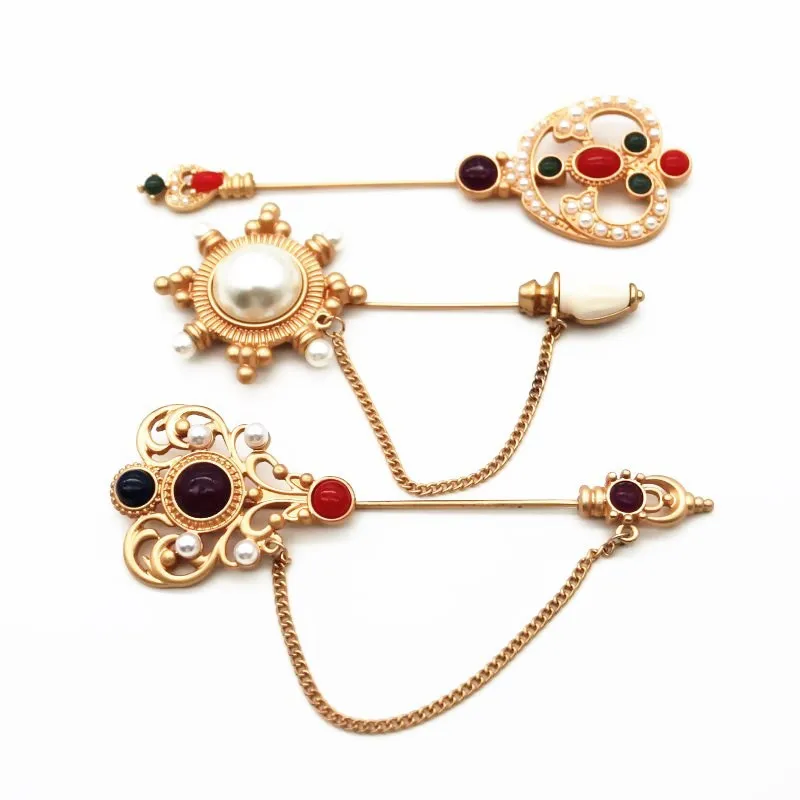

Retro palace alloy inlaid semi-precious stone imitation pearl magic wand fashion one word shape brooch