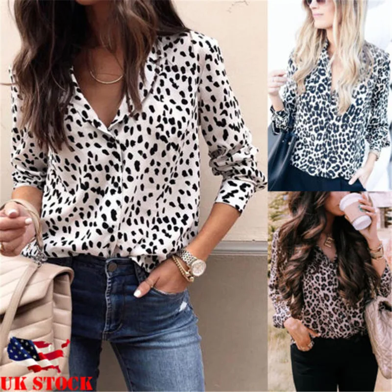 

Fashion Women Long Sleeve Leopard Blouse V neck Shirt Ladies OL Party Top Dames Streetwear blusas femininas elegante Plus Size