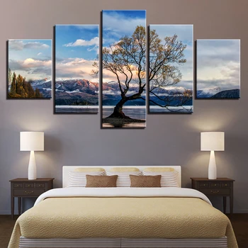 

Picture Print Natural Scenery Poster Decor 5 Pieces Tree And Snow Mountain Blue Sky White Cloud Modular Canvas Painting Wall Art
