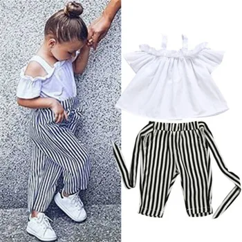

1-6T Girls Clothes Set Solid White T-Shirt For Girl Sling Off Shoulder Kids Tops Black Stripe Long Pants Girls Set Clothing 2019