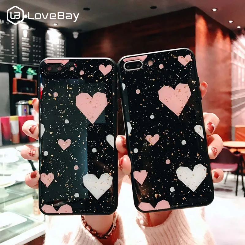 

Lovebay Luxury Glitter Bling Foil Phone Cases For iphone 6 6S 7 8 Plus XS Max XR X Love Heart Pattern TPU+Plastic Case Cover