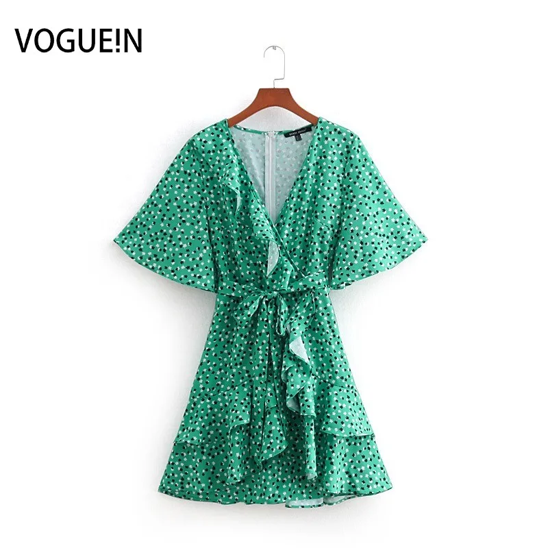 

VOGUEIN New Womens Summer Black/Green Floral Print Flare Sleeve Ruffled Midi Dress Wholesale