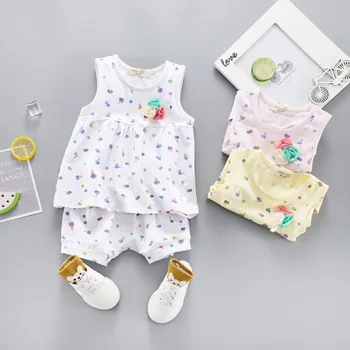 

Summer Girls Cotton Suit Kids Children Printing Vest Sleeve Shorts 2pcs/sets Toddler Fashion Infant Leisure Clothing Tracksuit