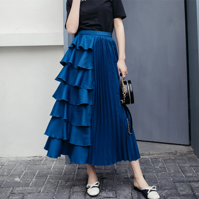 Qiukichonson, корейский стиль, женская плиссированная юбка, высокая талия, весна-лето, на молнии, повседневная плиссированная юбка, Дамская длинная юбка, jupe longue