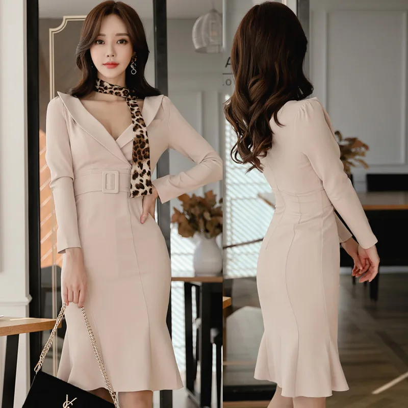 

Women spring new wear han edition aristocratic temperament v-neck office lady knee-length package buttocks trumpet dress