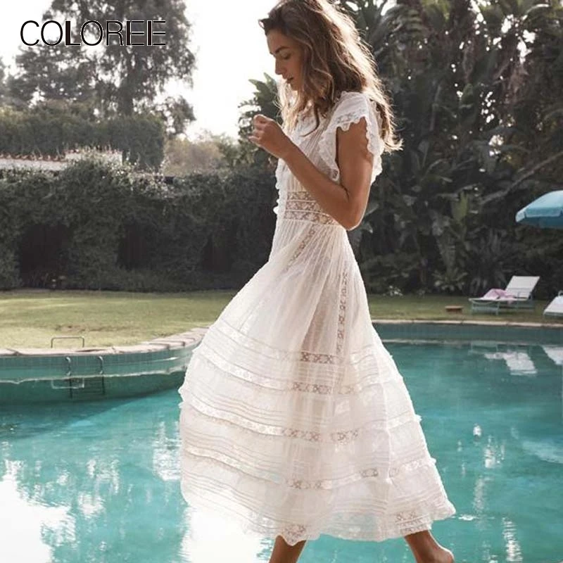 

Summer Boho Chic Runway Dress 2019 High Quality White Black Polka Dot Lace Embroidery Cotton Maxi Dress Pleated Long Dress