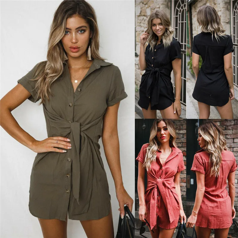 

Women summer short sleeve turn-down collar button down shirt dress ladies casual short mini dress S-2XL
