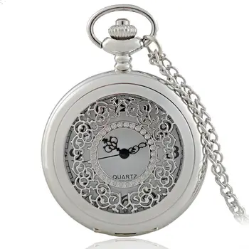 

IBEINA Hollow Silver Theme Full Hunter Quartz Engraved Fob Retro Pendant Pocket Watch Chain Gift