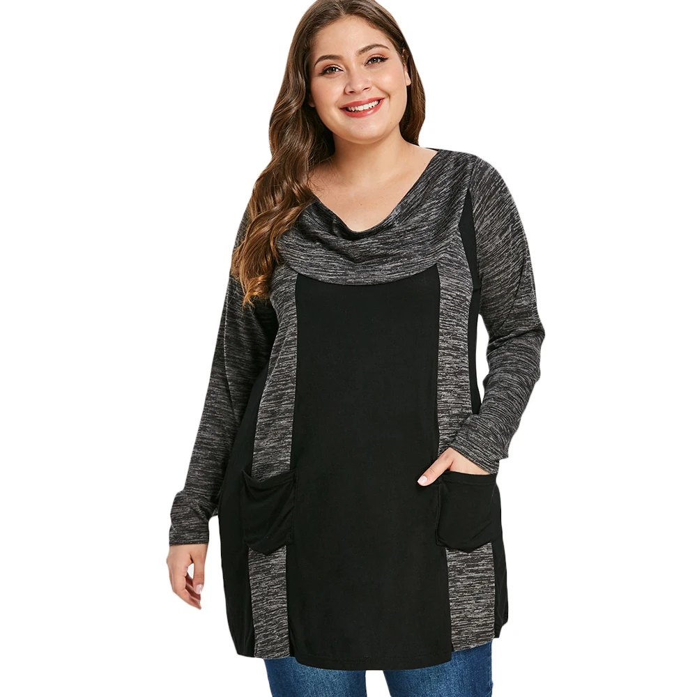 

ROSE GAL Plus Size T-Shirt Female Casual Cowl Neck Long Sleeve Pocket TShirt Contrast T-Shirt Women Big Size Top Tee Shirt Dress