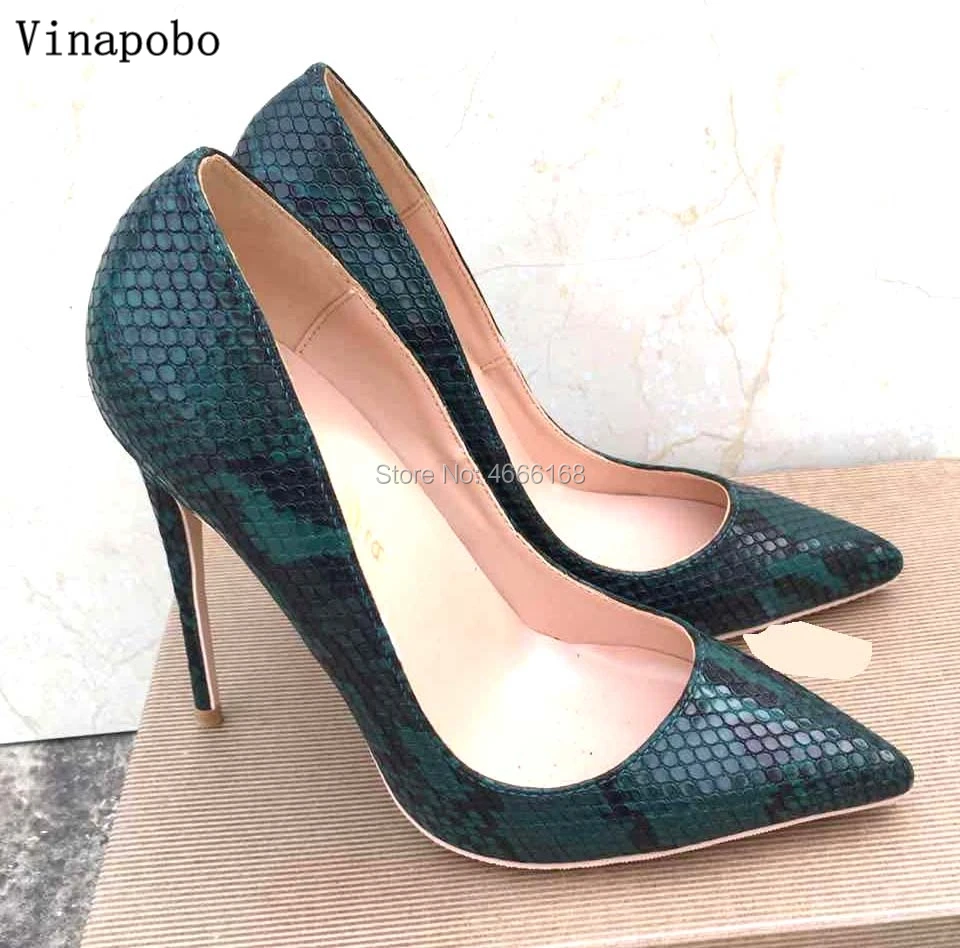 

Vinapobo Women Green Snake Pattern Print Pointed Toe High Heels wedding Shoes Sexy Laidies Slip on Stiletto Party Pumps 12/10cm