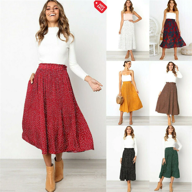 Для женщин модная Повседневная Эластичная плиссированная юбка с оборкой, с высокой посадкой печатная Плиссированная Юбка-миди
