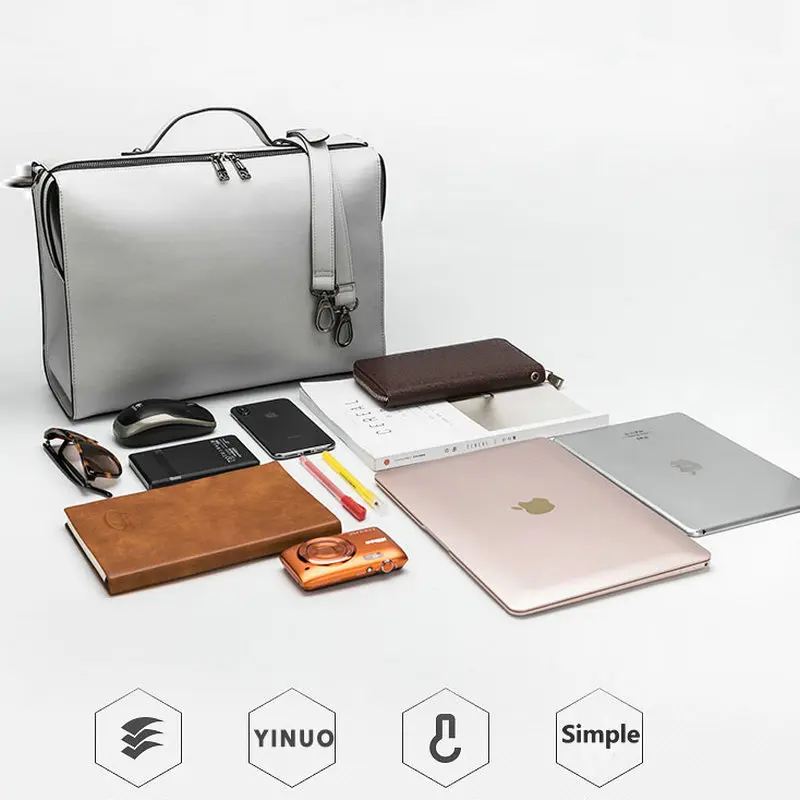  YINUO PU Leather Handbag High Capacity Shoulder Bag For 14inch Laptop Bag Briefcase Waterproof Deta