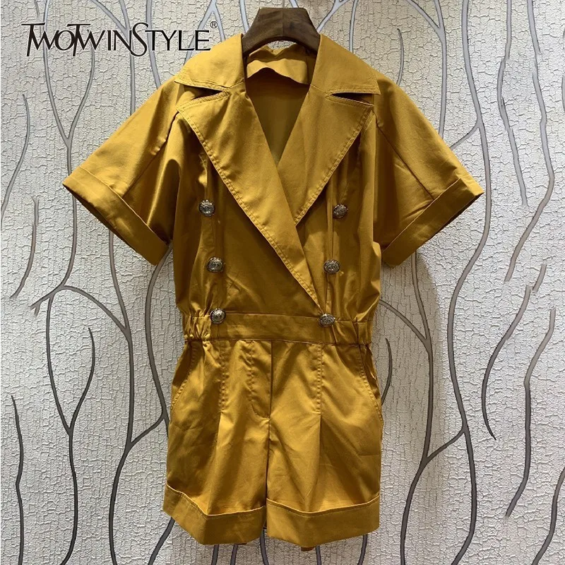 

TWOTWINSTYLE Casual Solid Women Jumpsuit Lapel Short Sleeve High Waist Big Size Playsuit Female Fashion 2019 Spring New Tide