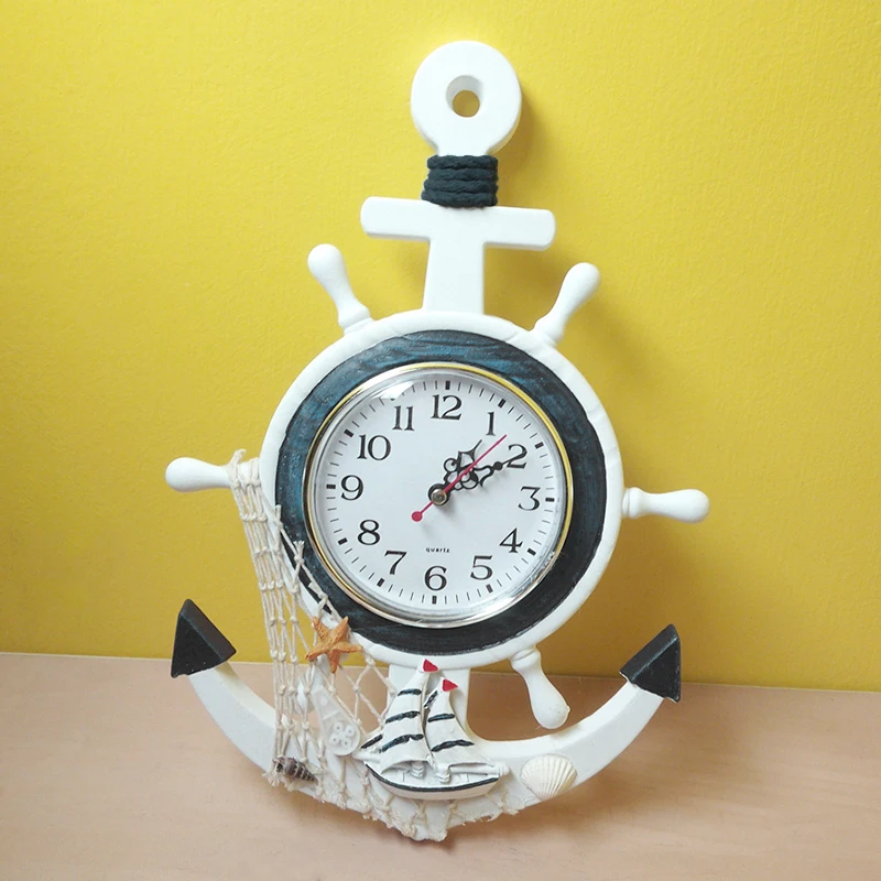 Wooden Mediterranean-Style Nautical Vintage Small Wall Clock Retro Sea Anchor Clocks Gift Home Decor Table Desktop Decoration