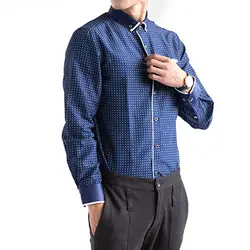 Плюс размер Для мужчин брендовые Платье с длинными рукавами, в горошек принт рубашки кнопки Тонкий платье в деловом стиле рубашка офис