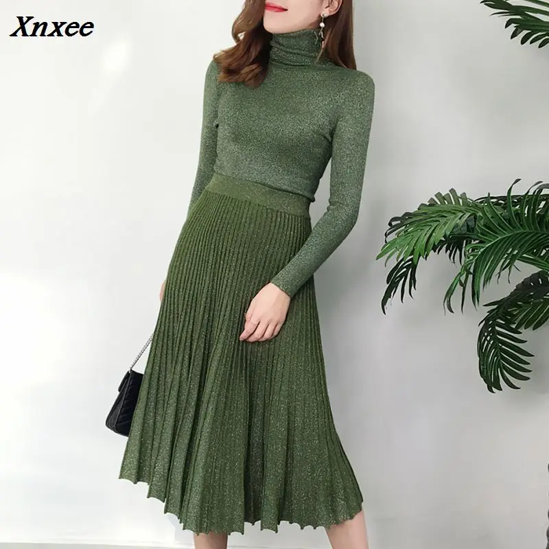 woman Dresses knitted Suit Autumn winter turtleneck knitting sweater long sleeve pullover + pleated skirt Two-piece suit Sets turn down collar short sleeve striped maternity knitting dress fashion pregnant woman summer clothes pregnancy a line dresses