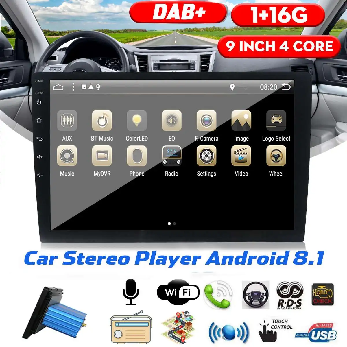 

Universal 9 Inch 1 Din Car Stereo Radio Android 8.1 Quad-core MP5 Player GPS bluetooth DAB+ Wifi 4G